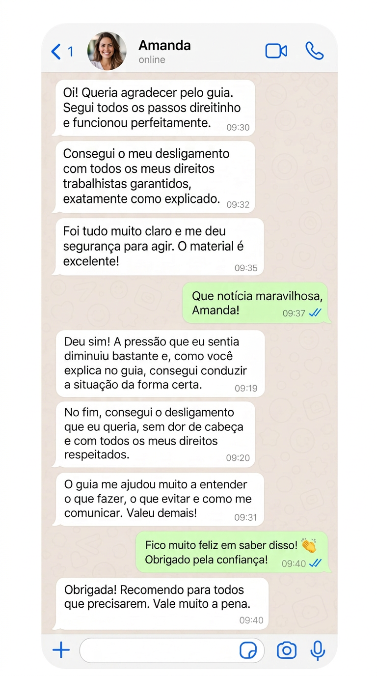Conversa de WhatsApp com Amanda: conseguiu o desligamento com todos os direitos trabalhistas garantidos